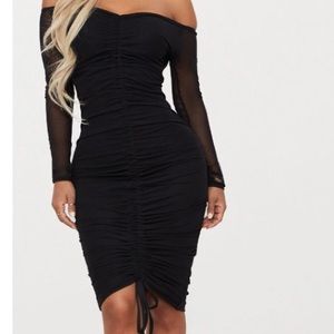 Shape Black Mesh Ruched Bardot Midi Dress🖤